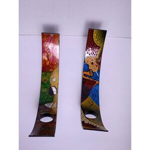 Pair of Hand-Painted Abstract Design Lacquered Wood Floating Wine Bottle Holders